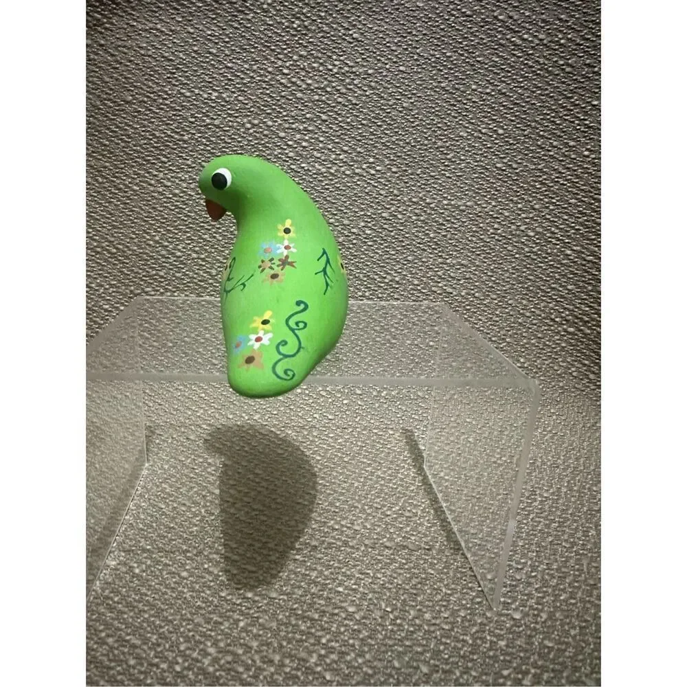 Vintage Hand Painted Pottery Green Bird Artist Signed By Gloria A Dios Panama
